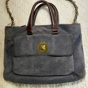 Kate Spade grey suede satchel with shoulder strap. Gold hardware.